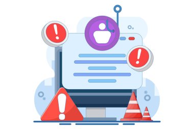 phishing web sitesi uyarı kavramı. Tehlikeli ve şüpheli web sitesi. Hesap hırsızlığını önleme. Çapraz ve uyarı ile giriş sayfası illüstrasyonu. arkaplanda düz vektör illüstrasyonu.