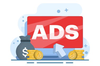 Ücretli reklam kavramı gelir, internet pazarlaması, tıklama başına ödeme, PPC, reklamcılık veya reklamlar üreten web sitelerinde reklamların gösterilmesi, markaların izleyicilere tanıtılması.