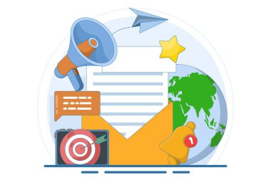 E-posta pazarlama konsepti. Dijital pazarlama, e-ticaret, sosyal medya pazarlaması, iş postaları, abonelik. Ticari posta listesi pazarlaması, iş bülteni aboneliği, vektör illüstrasyonu.