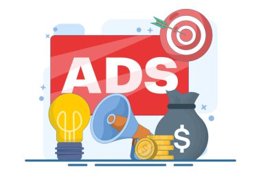 Ücretli reklam kavramı gelir, internet pazarlaması, tıklama başına ödeme, PPC, reklamcılık veya reklamlar üreten web sitelerinde reklamların gösterilmesi, markaların izleyicilere tanıtılması.