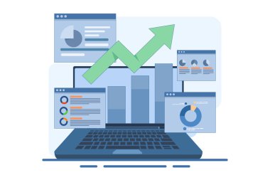 İş analizi konsepti, Finansal rapor, İstatistik, Finans, Araştırma, Planlama, Yönetim, SEO pazarlama analizi, analiz, veri işleme, başarı stratejisi dizüstü bilgisayarı. düz resimleme.