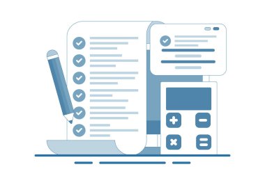 Bütçe muhasebe konsepti. Belge. Muhasebe ve kredi, fatura ve gelir vergisi hesapları. Finansal yönetim kavramı. Arkaplanda düz vektör illüstrasyonu.