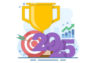 champion concept, achievement, winner, best. target to achieve business success in 2025, victory, achievement in 2025. new year 2025. trophy and number 2025 illustration. clipart