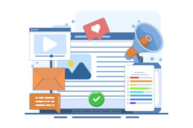 İçerik pazarlama kavramı, Brand içeriği tanıtımı, e-posta pazarlaması, sosyal medya reklamcılığı, içerik stratejisi, içerik pazarlama stratejisi, sosyal medya, ikonlarla vektör ilülasyonu.