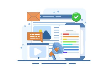 İçerik pazarlama kavramı, Brand içeriği tanıtımı, e-posta pazarlaması, sosyal medya reklamcılığı, içerik stratejisi, içerik pazarlama stratejisi, sosyal medya, ikonlarla vektör ilülasyonu.