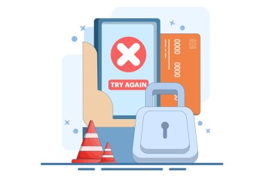 Ödeme Hatası Kavramı. Nakitsiz NFC ödemesi başarısız oldu. Çevrimiçi aktarım iptal edildi. Bir daha dene. Çapraz işaretli akıllı telefon uygulaması. Arkaplanda düz vektör illüstrasyonu.