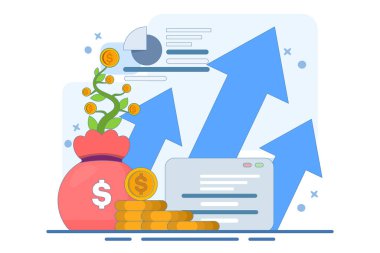 Büyüyen ekonomi ve finans kavramı. Artırma, yatırım karı, gelir ve ikramiye. İş gelirleri bilgi artışı. Bozuk paralar, grafik verileri ve bitkiler. düz vektör illüstrasyonu.
