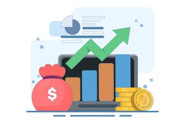 Büyüyen ekonomi ve finans kavramı. Artırma, yatırım karı, gelir ve ikramiye. İş gelirleri bilgi artışı. Bozuk paralar, grafik verileri ve bitkiler. düz vektör illüstrasyonu.