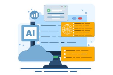 Programlama ve iletişim konsepti. Yazılım ve mobil uygulama geliştirme. Bulut hizmetleri ve internet tarayıcıları. Poster ya da afiş. Arkaplanda düz vektör illüstrasyonu.