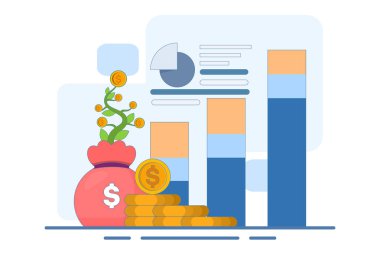 Büyüyen ekonomi ve finans kavramı. Artırma, yatırım karı, gelir ve ikramiye. İş gelirleri bilgi artışı. Bozuk paralar, grafik verileri ve bitkiler. düz vektör illüstrasyonu.