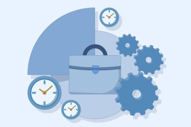 İş için zaman yönetimi kavramı. Yarı zamanlı iş için zamanı düzenlemek ve bölmek. Üretken olmak için zamanı düzenlemek ya da yönetmek. Planlama ve çalışma. düz vektör illüstrasyonu.