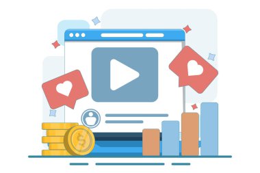 Sosyal medya konsepti. Kullanıcı bağlanması ve kar analizinin dinamik görüntüsü. Bozuk para yığını, büyüme grafiği, etkileşimi seviyor. Arkaplanda düz vektör illüstrasyonu.