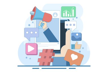 Sosyal medya pazarlama kavramı, megafonla sosyal medya beslemesi, Düz illüstrasyon Dijital pazarlama, Etrade, Sosyal medya kampanyası, SEO optimizasyonu, içerik pazarlaması. düz vektör illüstrasyonu.