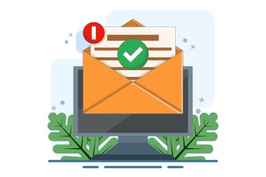 Onaylanmış e-posta iletisindeki onay işareti bildirimi, dizüstü bilgisayardaki çevrimiçi belge veya uygulamayı, doğrulanmış belgeyi başarılı bir şekilde doğrulayan dijital mektup kavramı.