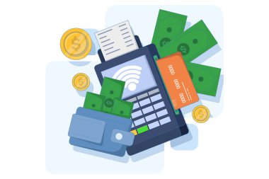 Dijital para kavramı, cüzdan, işlem, teknoloji, çevrimiçi ödeme, mobil ödeme, dijital olarak para tasarrufu, transfer uygulaması, arkaplanda düz illüstrasyon vektör şablonu.