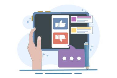 Geri bildirim ve araştırma konsepti. Olumlu geri bildirim vermek, tatmin oranını göstermek için emojiyi seçmek ve anket formu doldurmak. Kullanıcı Tecrübesi Konsepti, Arkaplanda Düz Vektör İllüstrasyonu.