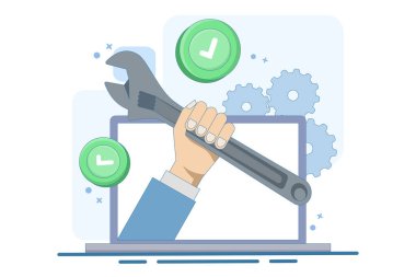 İşletim sistemi onarımı ve bakım konsepti. Eller dizüstü bilgisayarın ekranından çıkıyor ve anahtarı tutuyor. Teknisyen, mühendis, bilişim destek konsepti. arkaplanda düz vektör illüstrasyonu.