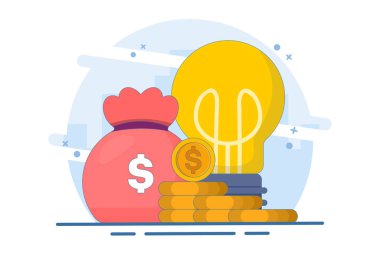Finansal fikir kavramı, yığınla altın sikkeli ampul, ampul ve dolar sikkeleri, yenilikçi fikirleri, finansal büyümeyi ve başarılı iş stratejilerini sembolize eder. düz vektör illüstrasyonu.