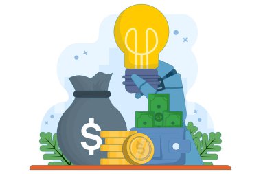 Finansal fikir kavramı, yığınla altın sikkeli ampul, ampul ve dolar sikkeleri, yenilikçi fikirleri, finansal büyümeyi ve başarılı iş stratejilerini sembolize eder. düz vektör illüstrasyonu.