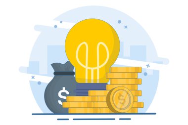 Finansal fikir kavramı, yığınla altın sikkeli ampul, ampul ve dolar sikkeleri, yenilikçi fikirleri, finansal büyümeyi ve başarılı iş stratejilerini sembolize eder. düz vektör illüstrasyonu.