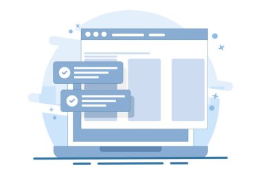 İşaretli web sitesi başarı tebligatı konsepti, dizüstü bilgisayar düz karikatür vektöründe kontrol işaretli web güncellenmiş görev listesi, pc raporunda İnternet çevrimiçi dijital kontrol. Vektör illüstrasyonu.