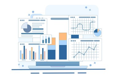 Performans izleme konsepti. Araştırma sonuçları ve veri analizi. Büyüme verilerini ve istatistiksel grafikleri gösteren gösterge paneli. Ekranda mali raporları olan bir cihaz. Düz vektör illüstrasyonu.
