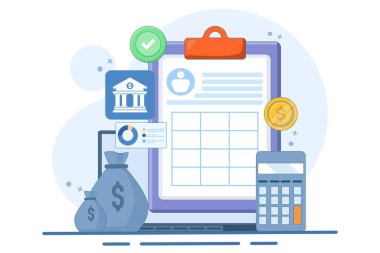 Çevrimiçi mali işlemlerin yönetilmesi kavramı, Bulut tabanlı muhasebe yazılımı, İnternet bankacılığı, Vergi yönetimi yazılımı, ikonlu vektör illüstrasyon geçmişi.