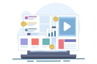 Arama motoru reklam kampanyası, arama motorları üzerine eCommerce reklamları, arama pazarlama konsepti, tıklama başına ödeme, reklam analizi, arka planda düz vektör çizimi.