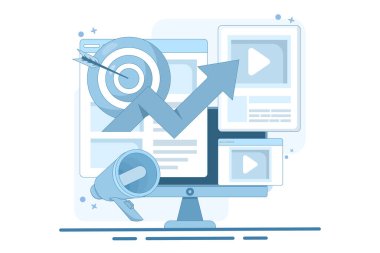 Web sitesi pazarlama konsepti, SEO, analitik, sosyal medya, video pazarlama, dijital pazarlama stratejisi, Arama pazarlaması, içerik pazarlaması, video promosyonu. Düz tasarım vektör çizimi.