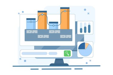 Grafik arama konsepti, iş mali veri analizi. Büyük veri ve analiz, grafikli belge, düz tasarım vektör çizimi.