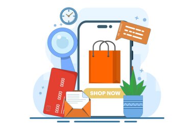 Akıllı telefondan online alışveriş kavramı. Büyük indirim, özel indirim, sosyal reklam. Mobil ve dijital pazarlama. Grafik elementler, işaretler, semboller için düz vektör çizimi. Modern minimalist stil.