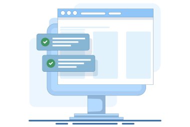 İşaretli web sitesi başarı tebligatı konsepti, dizüstü bilgisayar düz karikatür vektöründe kontrol işaretli web güncellenmiş görev listesi, pc raporunda İnternet çevrimiçi dijital kontrol. Vektör illüstrasyonu.
