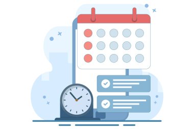 Uygulama konsepti ekrana yansıtılıyor. Planlama programı ve takvim. Zaman yönetimi, iş planlama uygulaması. Takvim, program, randevu. Arkaplanda düz vektör illüstrasyonu.