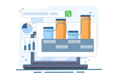 Grafik arama konsepti, iş mali veri analizi. Büyük veri ve analiz, grafikli belge, düz tasarım vektör çizimi.