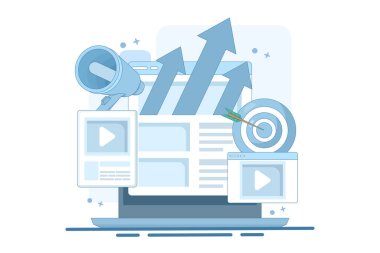 Web sitesi pazarlama konsepti, SEO, analitik, sosyal medya, video pazarlama, dijital pazarlama stratejisi, Arama pazarlaması, içerik pazarlaması, video promosyonu. Düz tasarım vektör çizimi.