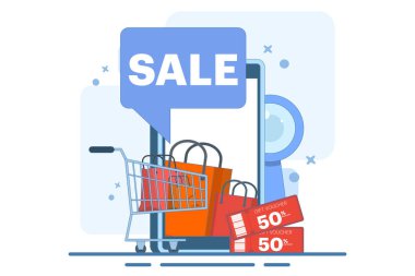 Akıllı telefondan online alışveriş kavramı. Büyük indirim, özel indirim, sosyal reklam. Mobil ve dijital pazarlama. Grafik elementler, işaretler, semboller için düz vektör çizimi. Modern minimalist stil.