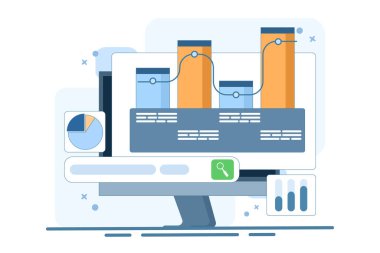 Grafik arama konsepti, iş mali veri analizi. Büyük veri ve analiz, grafikli belge, düz tasarım vektör çizimi.