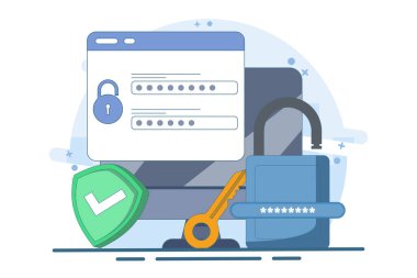 Güvenli giriş ve kayıt kavramı, kişisel veri güvenliği, Siber veri güvenliği, İnternet güvenliği veya bilgi gizliliği, şifre koruması. Arkaplanda düz vektör illüstrasyonu.