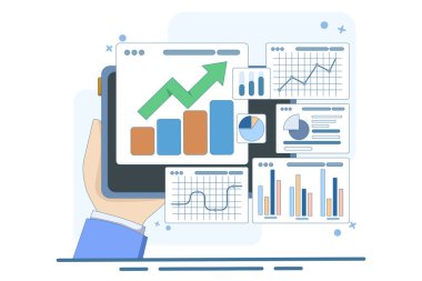 Performans izleme konsepti. Araştırma sonuçları ve veri analizi. Büyüme verilerini ve istatistiksel grafikleri gösteren gösterge paneli. Ekranda mali raporları olan bir cihaz. Düz vektör illüstrasyonu.