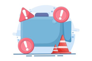 Uyarı video konsepti. Tehlike riski ve sorun. Uyarı, hata, hata, uyarı. Ünlem işareti. Uyarı işaretli video kaydedici sembolü. düz vektör illüstrasyonu.