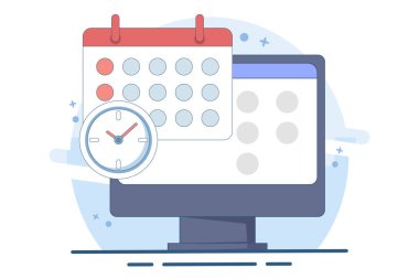 Uygulama konsepti ekrana yansıtılıyor. Planlama programı ve takvim. Zaman yönetimi, iş planlama uygulaması. Takvim, program, randevu. Arkaplanda düz vektör illüstrasyonu.