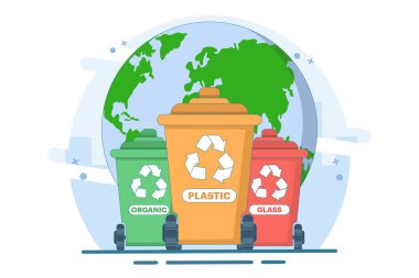 sıfır atık, geri dönüşüm, dünyayı kurtarmak, plastik yok, sürdürülebilir, çöp ve atık yok, dünya kirliliği, uluslararası sıfır atık günü. düz vektör illüstrasyonu.