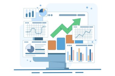 Performans izleme konsepti. Araştırma sonuçları ve veri analizi. Büyüme verilerini ve istatistiksel grafikleri gösteren gösterge paneli. Ekranda mali raporları olan bir cihaz. Düz vektör illüstrasyonu.