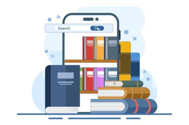 Çevrimiçi kütüphane konsepti, medya kitap kütüphanesi, kadın karakter okuma kitabı, çevrimiçi kitapçı, Reader uygulaması, eğitim, dijital kitaplık, yüksek lisans online okul. Düz vektör illüstrasyonu.