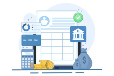 Çevrimiçi mali işlemlerin yönetilmesi kavramı, Bulut tabanlı muhasebe yazılımı, İnternet bankacılığı, Vergi yönetimi yazılımı, ikonlu vektör illüstrasyon geçmişi.