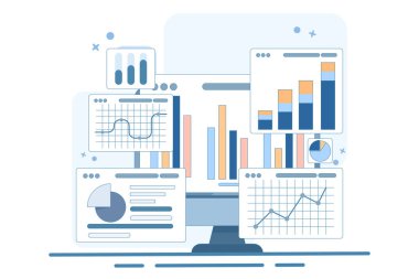 Performans izleme konsepti. Araştırma sonuçları ve veri analizi. Büyüme verilerini ve istatistiksel grafikleri gösteren gösterge paneli. Ekranda mali raporları olan bir cihaz. Düz vektör illüstrasyonu.