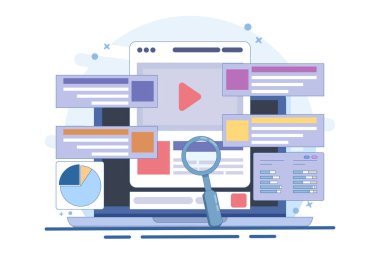 Arama motoru pazarlama kavramı, arama motorları üzerine bir reklam kampanyası yürütmek, Arama ilanları bir web sitesine trafiği göndermek, reklam analizi, arka planda düz vektör çizimi.