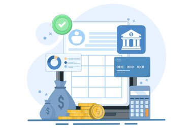 Çevrimiçi mali işlemlerin yönetilmesi kavramı, Bulut tabanlı muhasebe yazılımı, İnternet bankacılığı, Vergi yönetimi yazılımı, ikonlu vektör illüstrasyon geçmişi.
