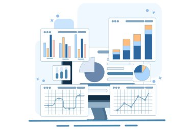 Performans izleme konsepti. Araştırma sonuçları ve veri analizi. Büyüme verilerini ve istatistiksel grafikleri gösteren gösterge paneli. Ekranda mali raporları olan bir cihaz. Düz vektör illüstrasyonu.
