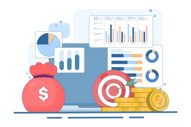 muhasebe veya finans kavramı, iş planı ve bütçesi, analist, muhasebeci, ekonomi, yatırım büyümesi veya gelir karı, düz vektör illüstrasyon afişi ve geçmiş.